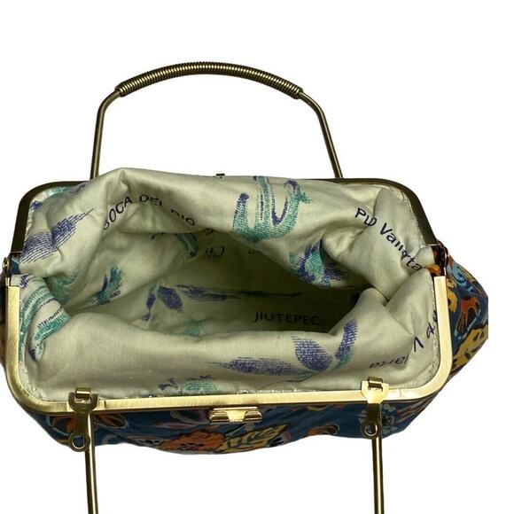 Floral tote Clutch bag purse FLORAL Blue Gold Tone - Picture 8 of 10